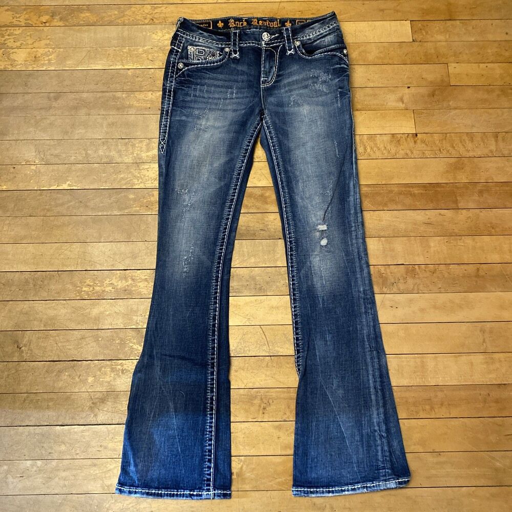 Rock Revival Jeans Women’s Size 26 Sundee Mid-Rise Boot Cut Dark Wash Distressed